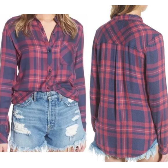Rails Tops - Rails Soft Flannel Navy Pink Hunter Plaid Long Sleeve - Rouge Indigo - Large